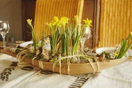 Tischdeko Frühling, rustikal, Cocosblatt bepflanzt, Narzissen, Moos, Narzissenzwiebel, Leinentischdecke
