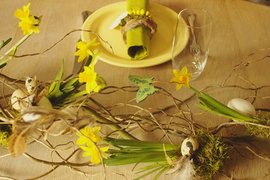 Ostern Tischdekoration, Tischdeko Narzissen, Weide, Serviettenringe, Eier, Wachtelei, Schmetterling, Feder