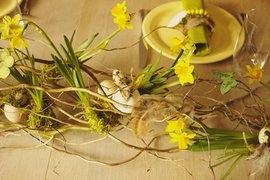 Tischdeko Ostern, Weidengestell mit Narzissen, Narzissenzwiebel, Eier, Federn, Serviettenringe, Tellerdeko