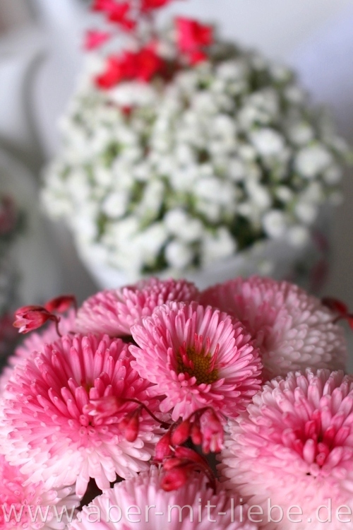 Tischdeko, Gestecke in Tassen, Schleierkraut, Gänseblümchen, Bellis, Heuchera