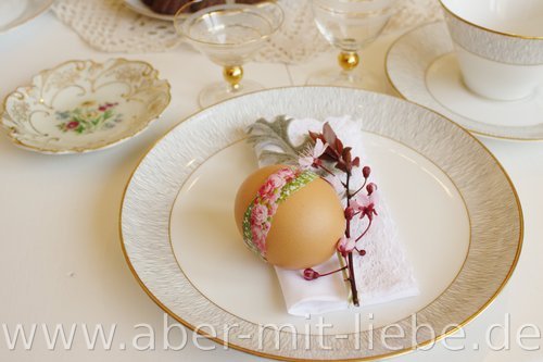 Vintagedeko, Tellerdeko Tellerdeko Vintage, Ostern, Tischdeko Ostern, Ei mit Glanzbild, Kirschblüten, Silberblatt